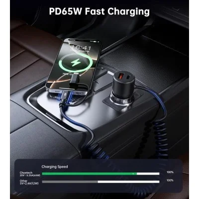 Choetech PD65W USB-C+USB-A Fast Car Charger with Coiled Cable - Black